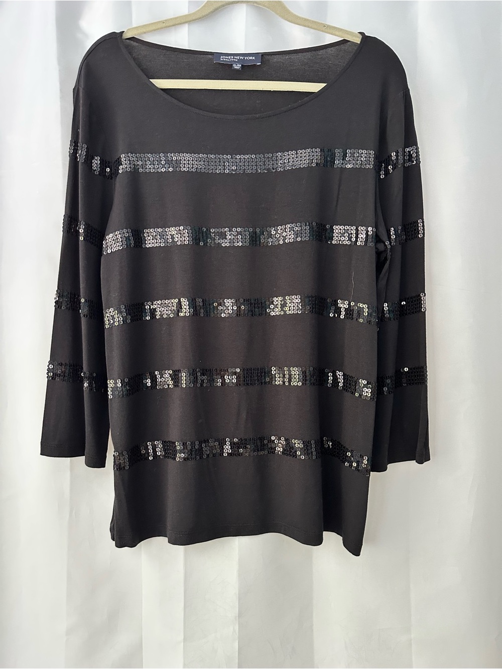 Jones New York XL Black Sequin Striped Scoop Neck Top Long Sleeves